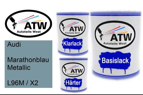 Audi, Marathonblau Metallic, L96M / X2: 1L Lackdose + 1L Klarlack + 500ml Härter - Set, von ATW Autoteile West.